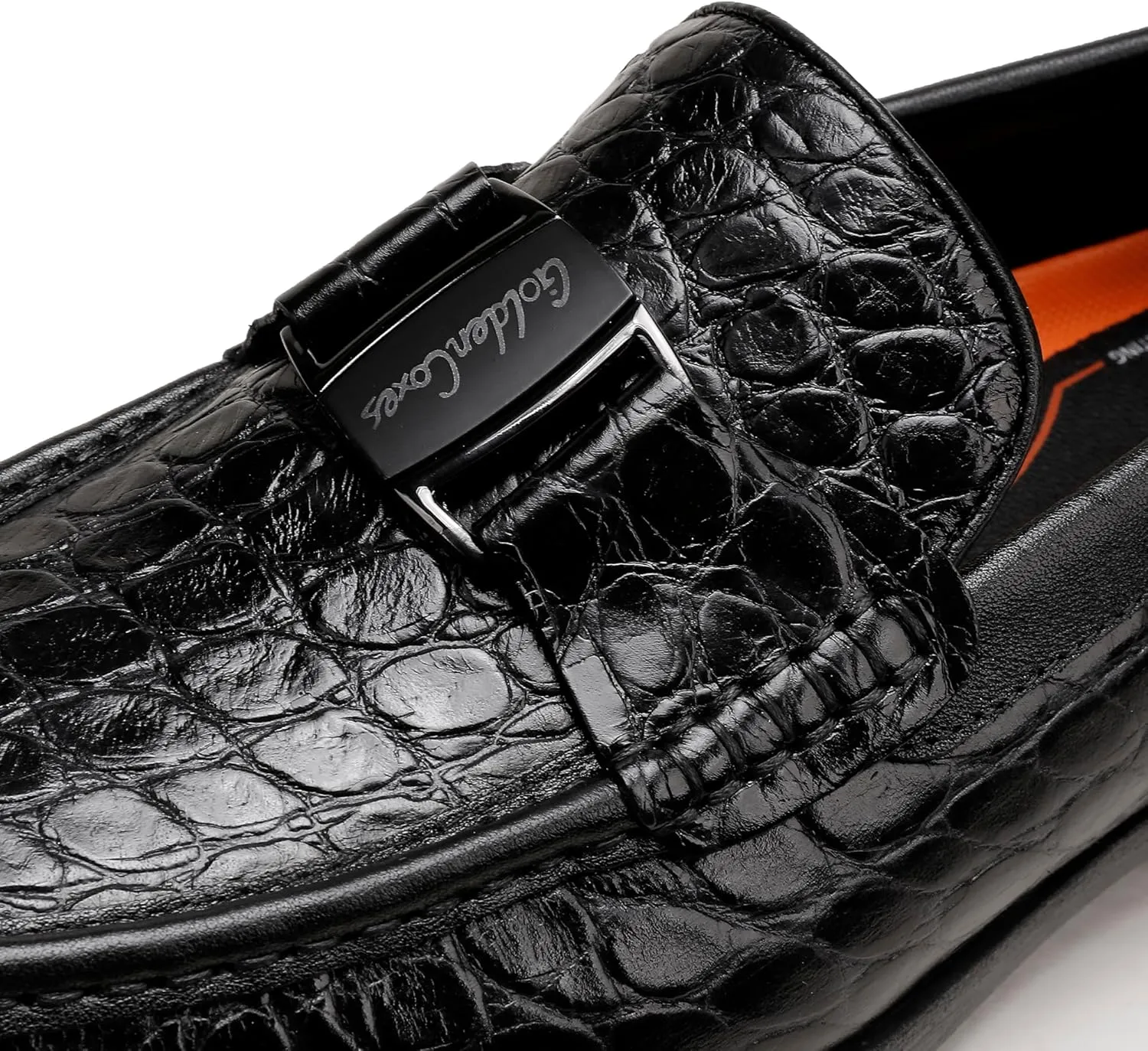 Classic Mens Leather Dress Shoes, Luxury Crocodile Printed Slip on Loafer with Matel Buckle Penny Shoes for Mens