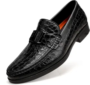Classic Mens Leather Dress Shoes, Luxury Crocodile Printed Slip on Loafer with Matel Buckle Penny Shoes for Mens