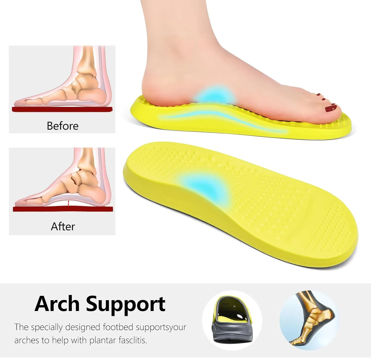clootess Arch Support Garden Clogs Orthopedic Shoes for Women and Men Sandals Pillow Recovery Fasciitis Feet Insoles
