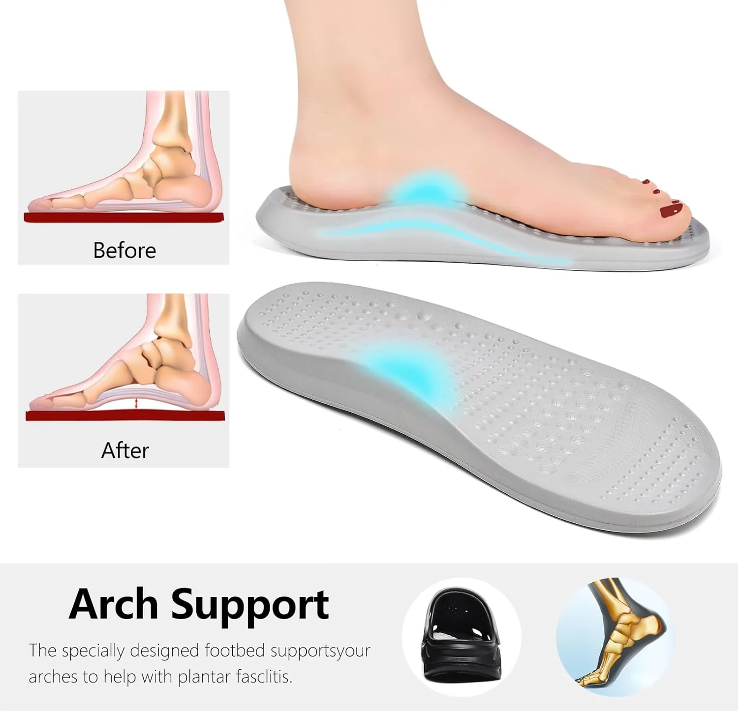 clootess Arch Support Garden Clogs Orthopedic Shoes for Women and Men Sandals Pillow Recovery Fasciitis Feet Insoles