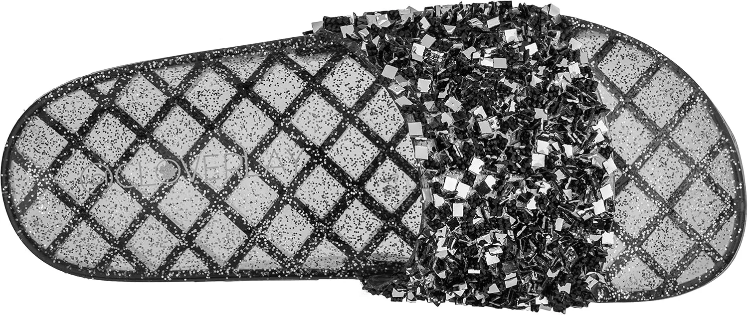 CLOVERLAY Women’s Summer Flip Flop Open Toe Jelly Sandal Rhinestone Glitter Slide Sandals Slippers