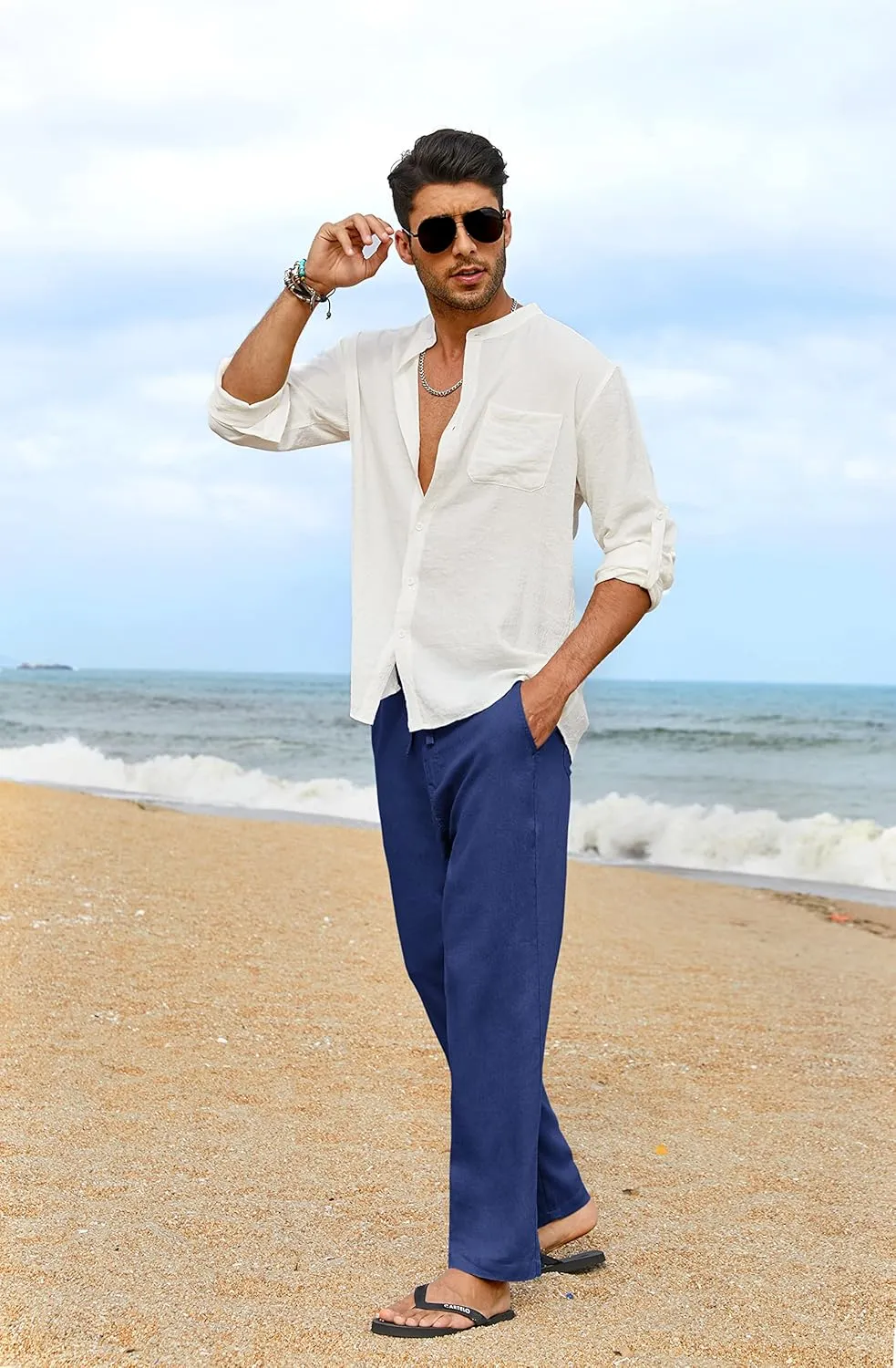 COOFANDY Men's Casual Linen Pants Elastic Waist Drawstring Yoga Beach Pants Lightweight Loose Fit Trousers with Pockets