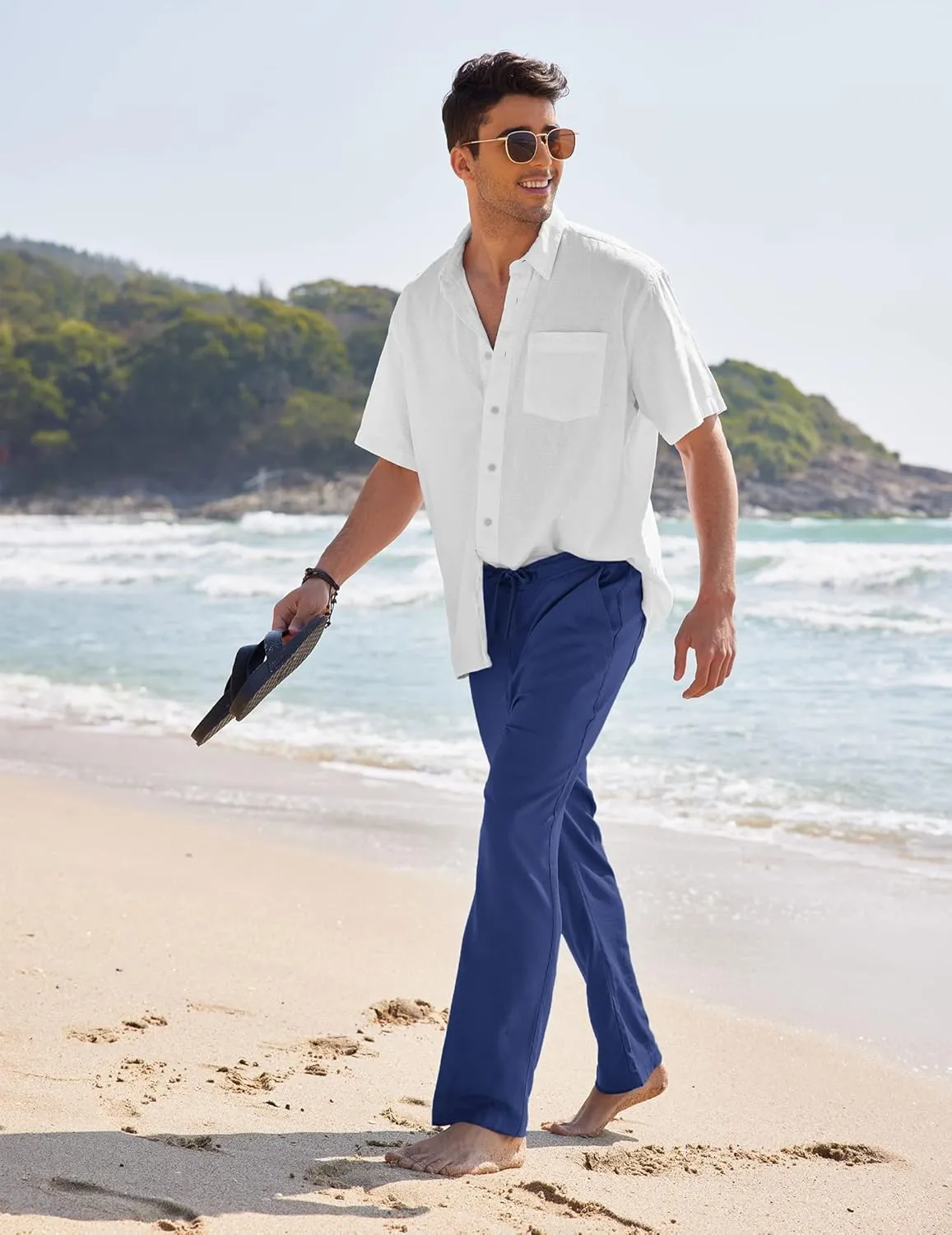 COOFANDY Men's Casual Linen Pants Elastic Waist Drawstring Yoga Beach Pants Lightweight Loose Fit Trousers with Pockets