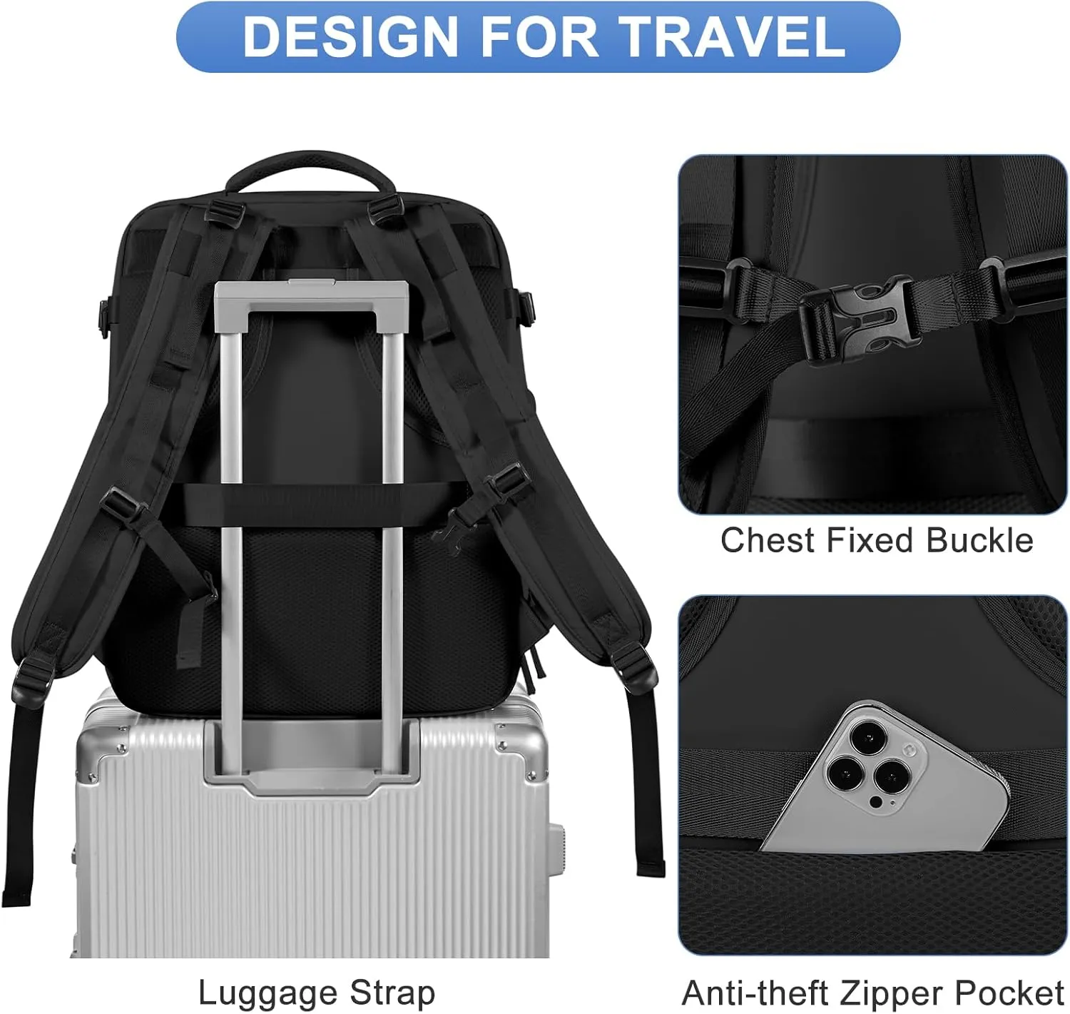 coofay Large Black Travel Backpack Carry on Flight Approved Mochila De Viaje Personal Item Backpack for Airlines Frontier Airlines Personal Item Bag Large Backpack for Travel Backpacks for Men Women