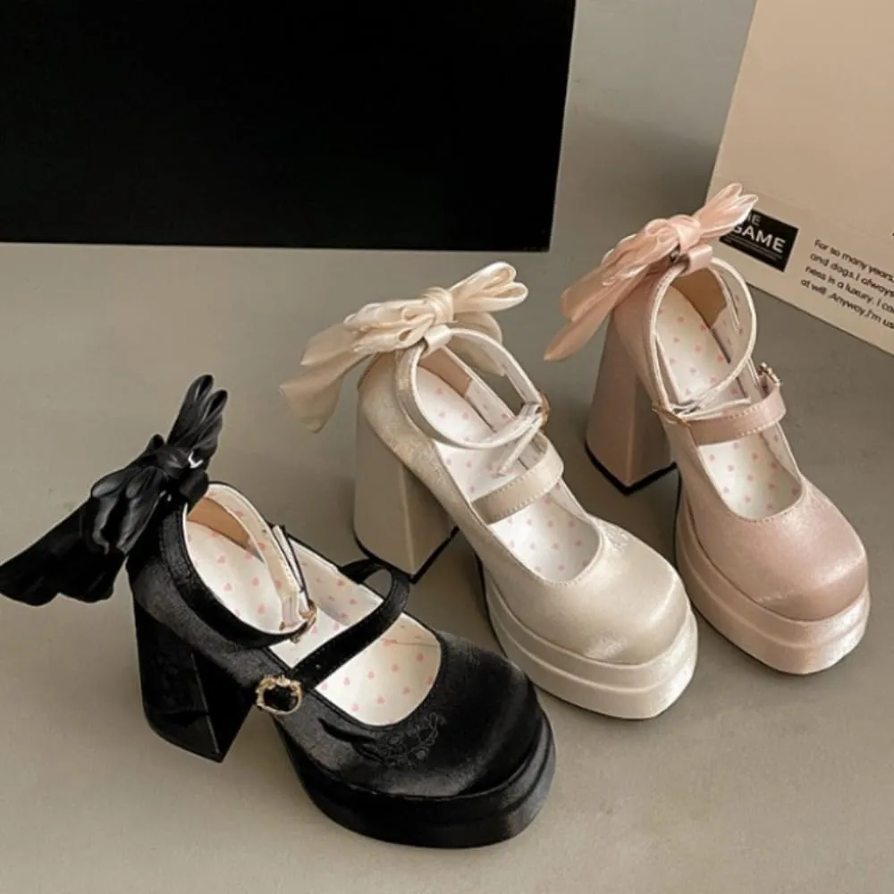 Coquette Bow Heels Emo Shoes Platform Mary Janes Goth Women Cute Leather Dressy Ankle Strap Round Closed Toes Chunky Kawaii Lolita Shoes Y2K Retro Trendy Wedding Bride Elegant Streetwear