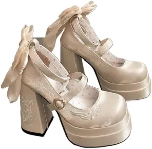 Coquette Bow Heels Emo Shoes Platform Mary Janes Goth Women Cute Leather Dressy Ankle Strap Round Closed Toes Chunky Kawaii Lolita Shoes Y2K Retro Trendy Wedding Bride Elegant Streetwear