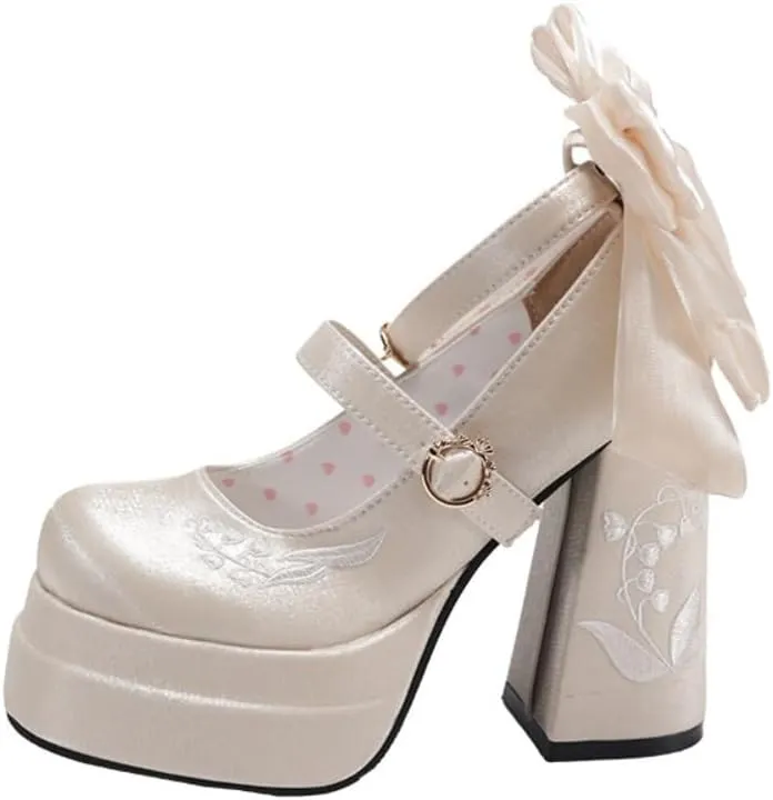 Coquette Bow Heels Emo Shoes Platform Mary Janes Goth Women Cute Leather Dressy Ankle Strap Round Closed Toes Chunky Kawaii Lolita Shoes Y2K Retro Trendy Wedding Bride Elegant Streetwear