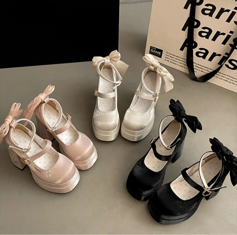 Coquette Bow Heels Emo Shoes Platform Mary Janes Goth Women Cute Leather Dressy Ankle Strap Round Closed Toes Chunky Kawaii Lolita Shoes Y2K Retro Trendy Wedding Bride Elegant Streetwear