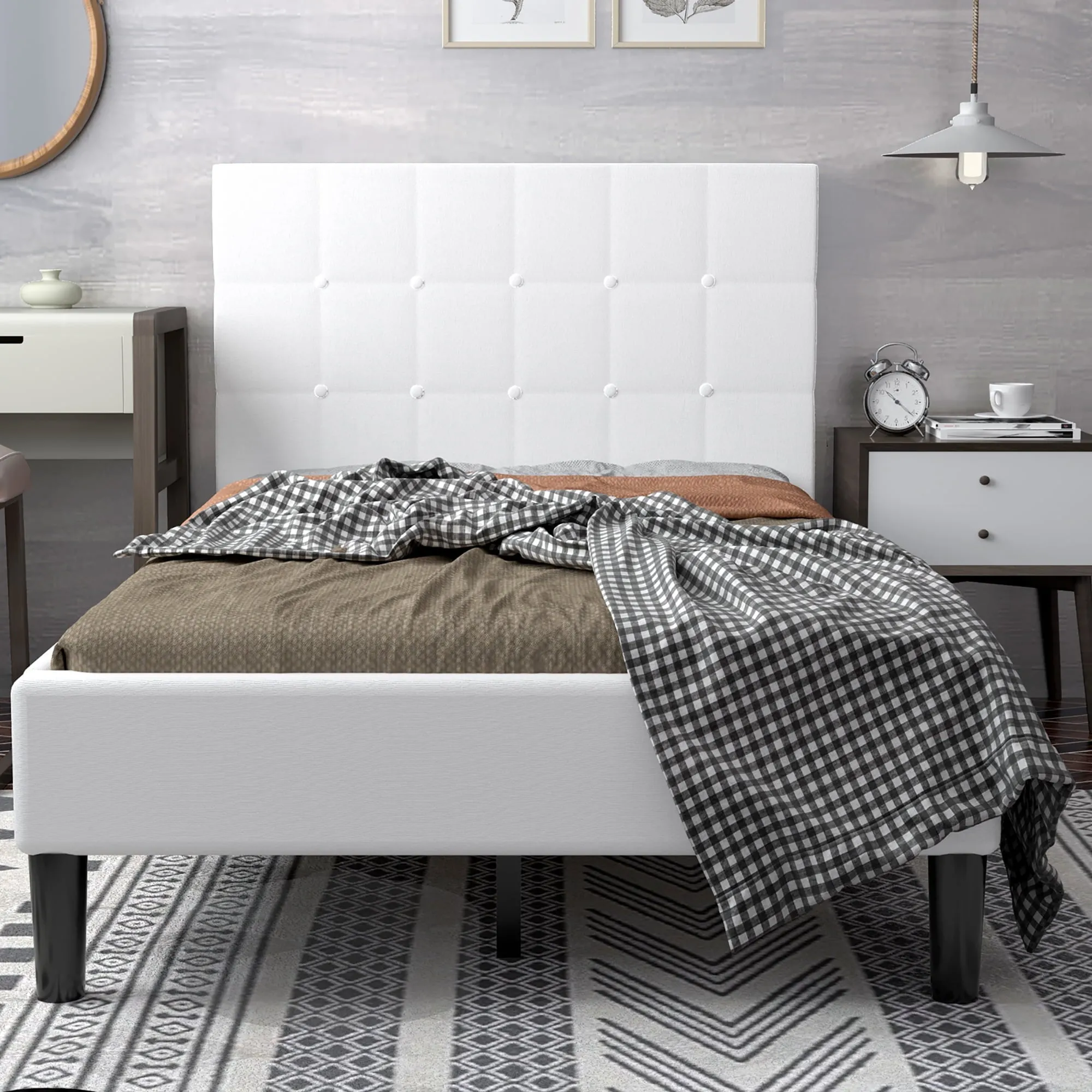 Costway Twin Upholstered Bed Frame Button Tufted Headboard Mattress Foundation Beige