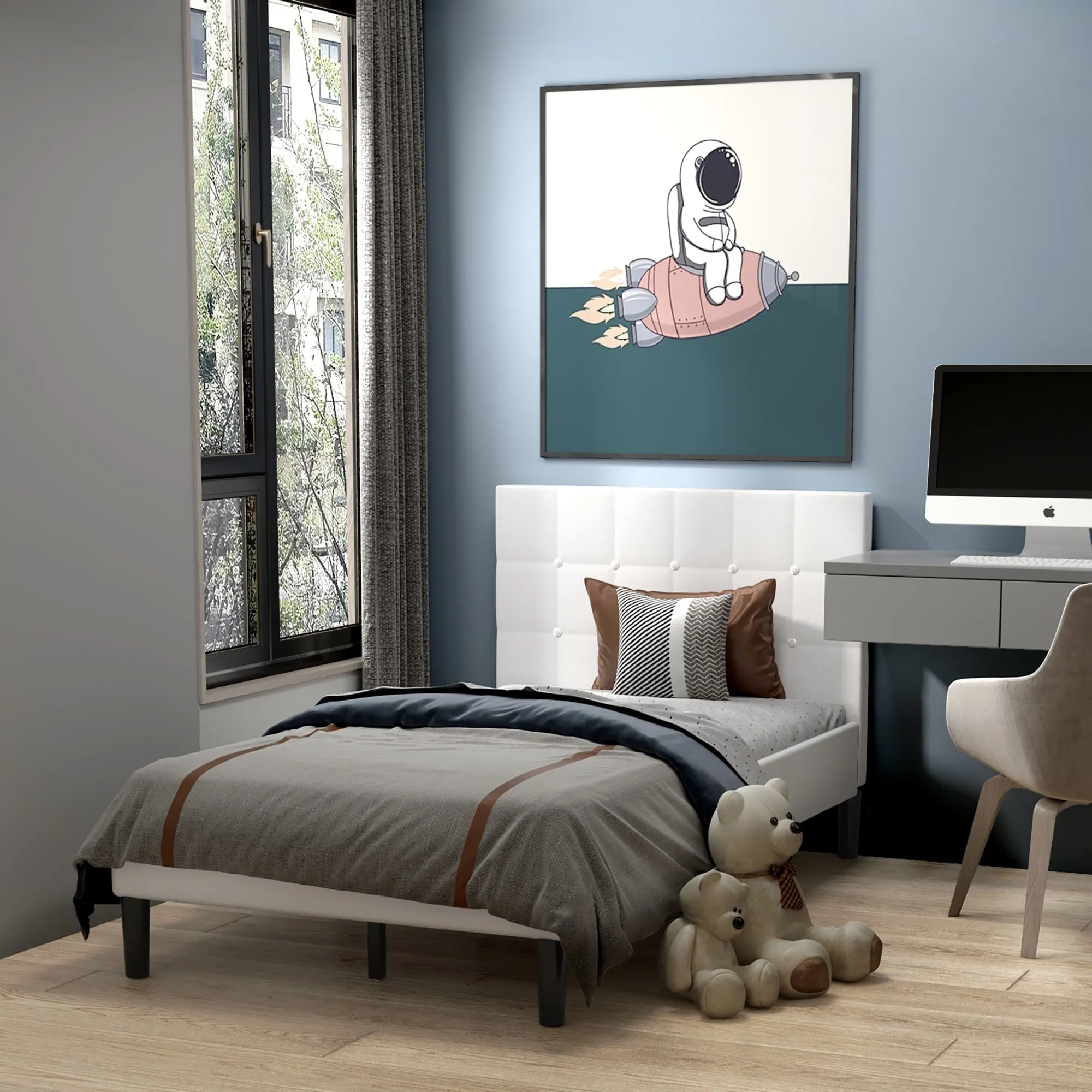 Costway Twin Upholstered Bed Frame Button Tufted Headboard Mattress Foundation Beige
