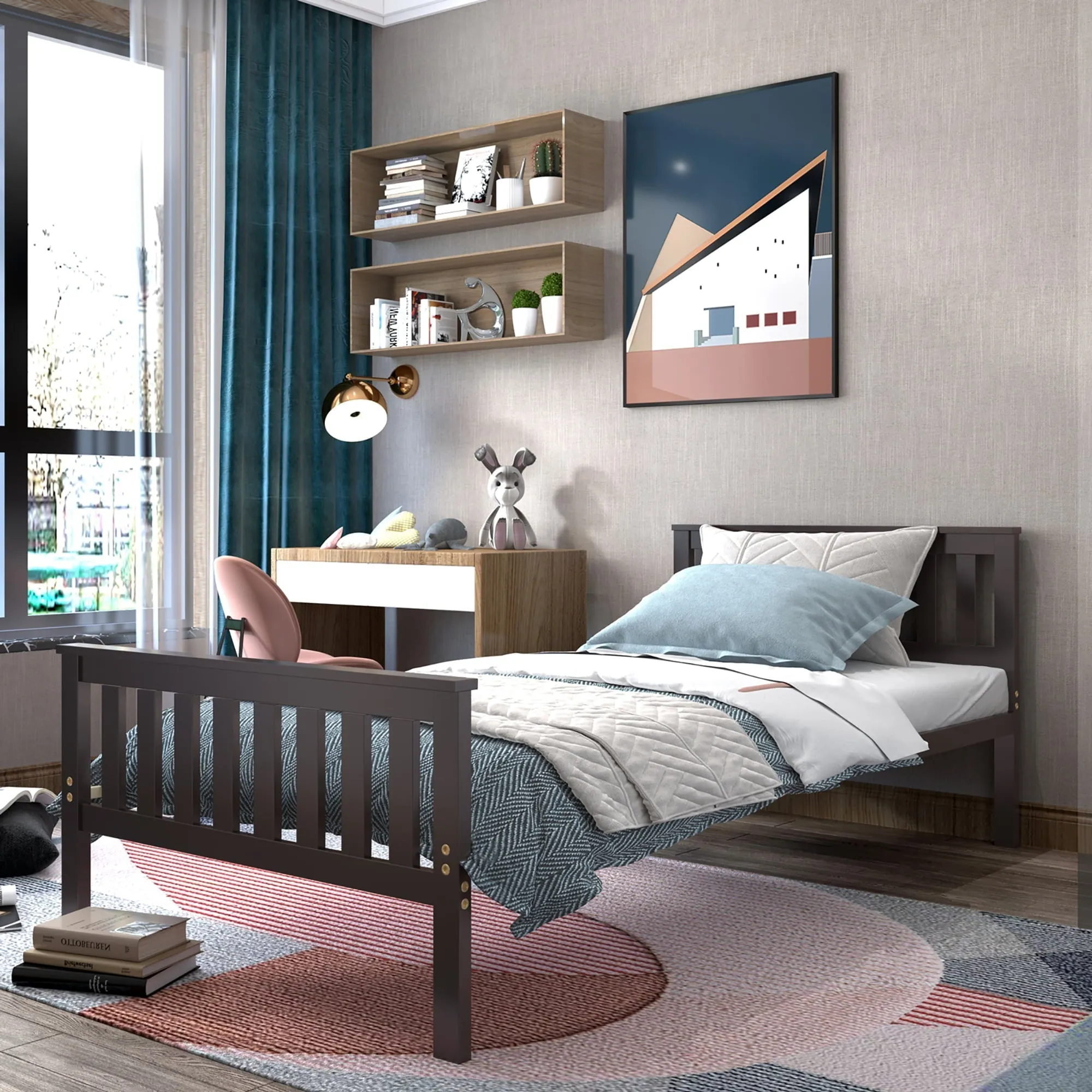 Costway Twin Wood Platform Bed with Headboard and Footboard Mattress Foundation