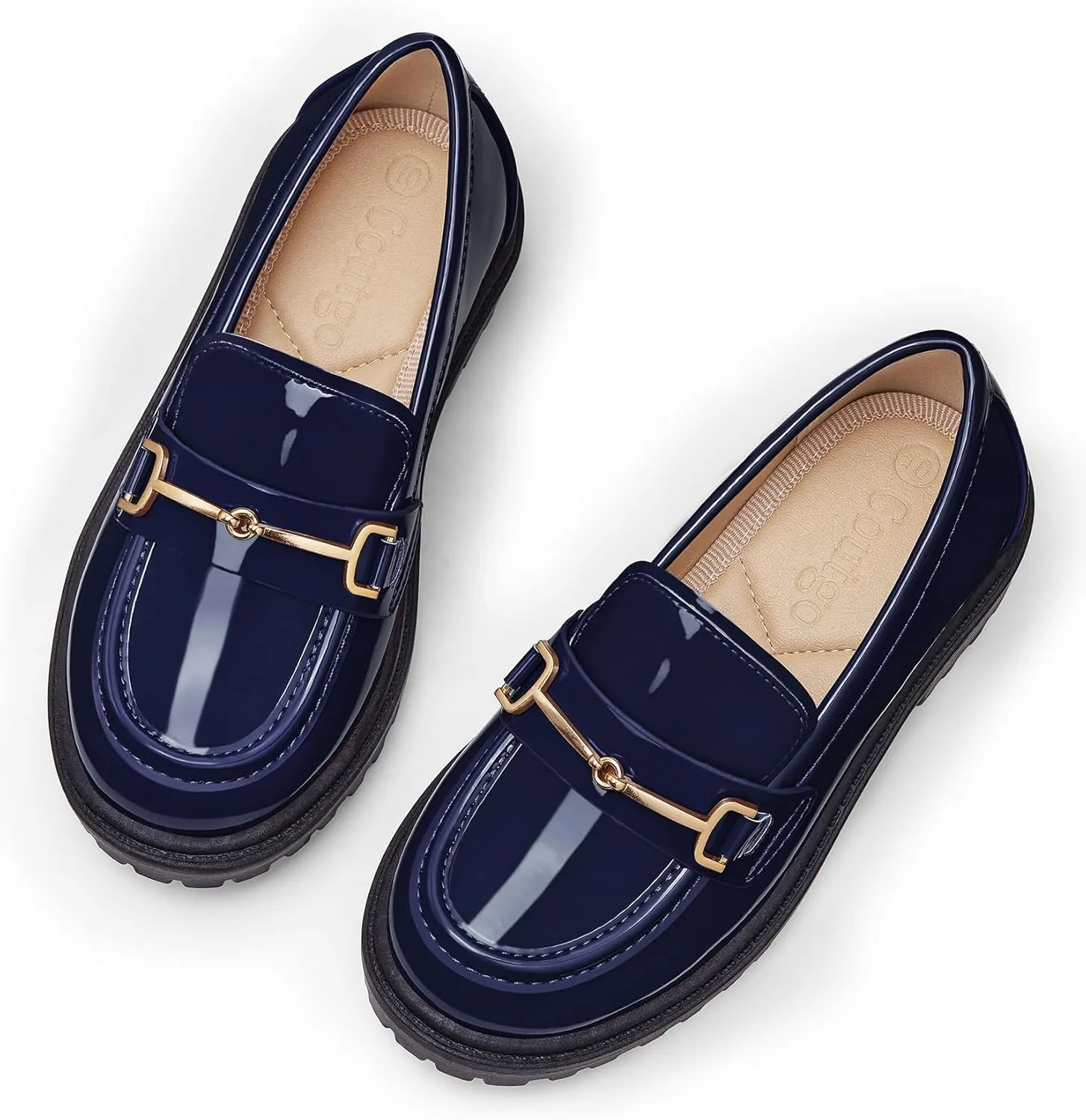 Coutgo Girl's Platform Loafers Slip On Chain Chunky Heel Leather Flats Round Toe School Uniform Dress Shoes