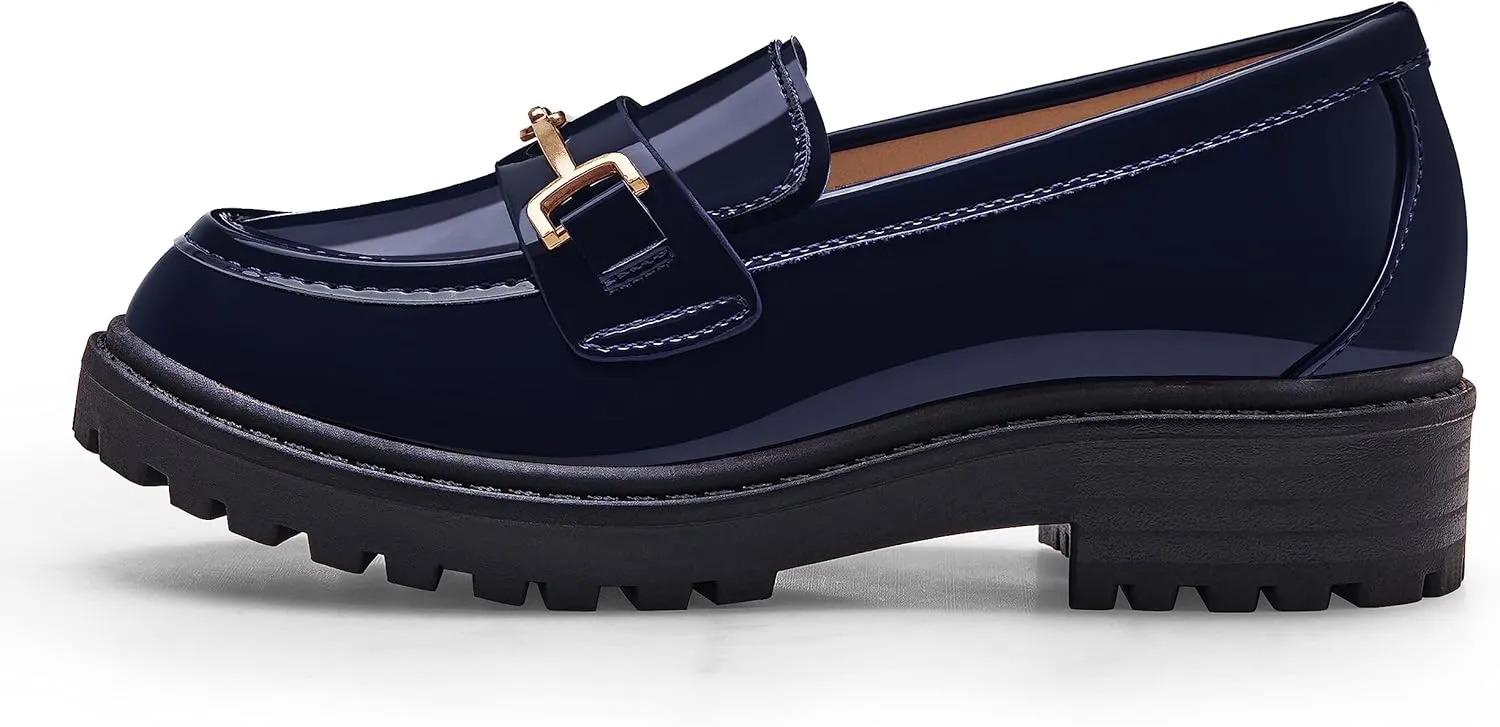Coutgo Girl's Platform Loafers Slip On Chain Chunky Heel Leather Flats Round Toe School Uniform Dress Shoes