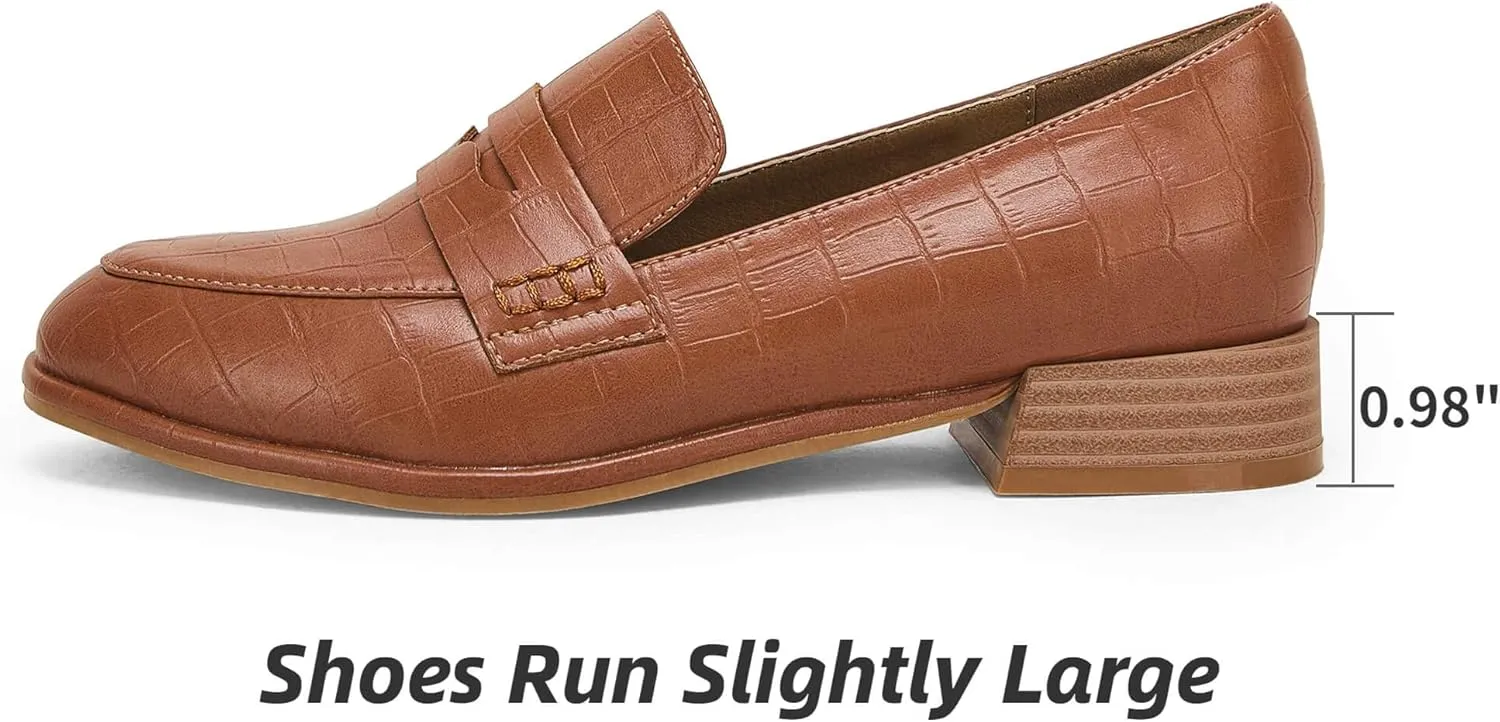 Coutgo Womens Classic Penny Loafers Crocodile Print Casual Mid Stacked Heel Comfort Slip On Office Oxford Dress Shoes