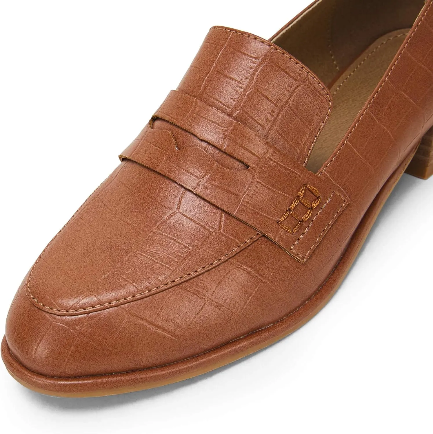 Coutgo Womens Classic Penny Loafers Crocodile Print Casual Mid Stacked Heel Comfort Slip On Office Oxford Dress Shoes