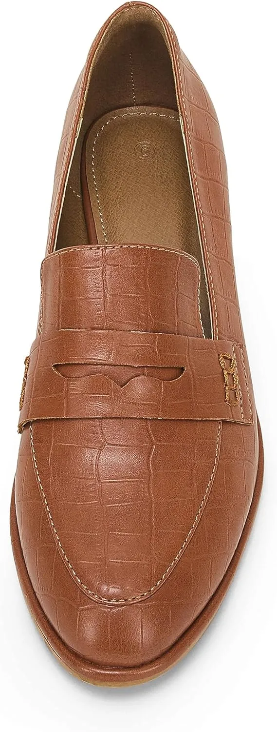 Coutgo Womens Classic Penny Loafers Crocodile Print Casual Mid Stacked Heel Comfort Slip On Office Oxford Dress Shoes