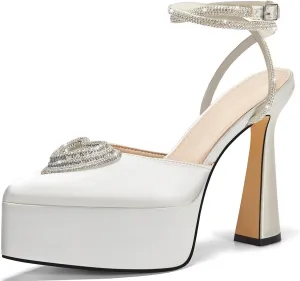 Coutgo Womens Platform High Chunky Heels Rhinestone Triple Heart Pointed Toe Ankle Strap Party Wedding Dress Pumps Shoes
