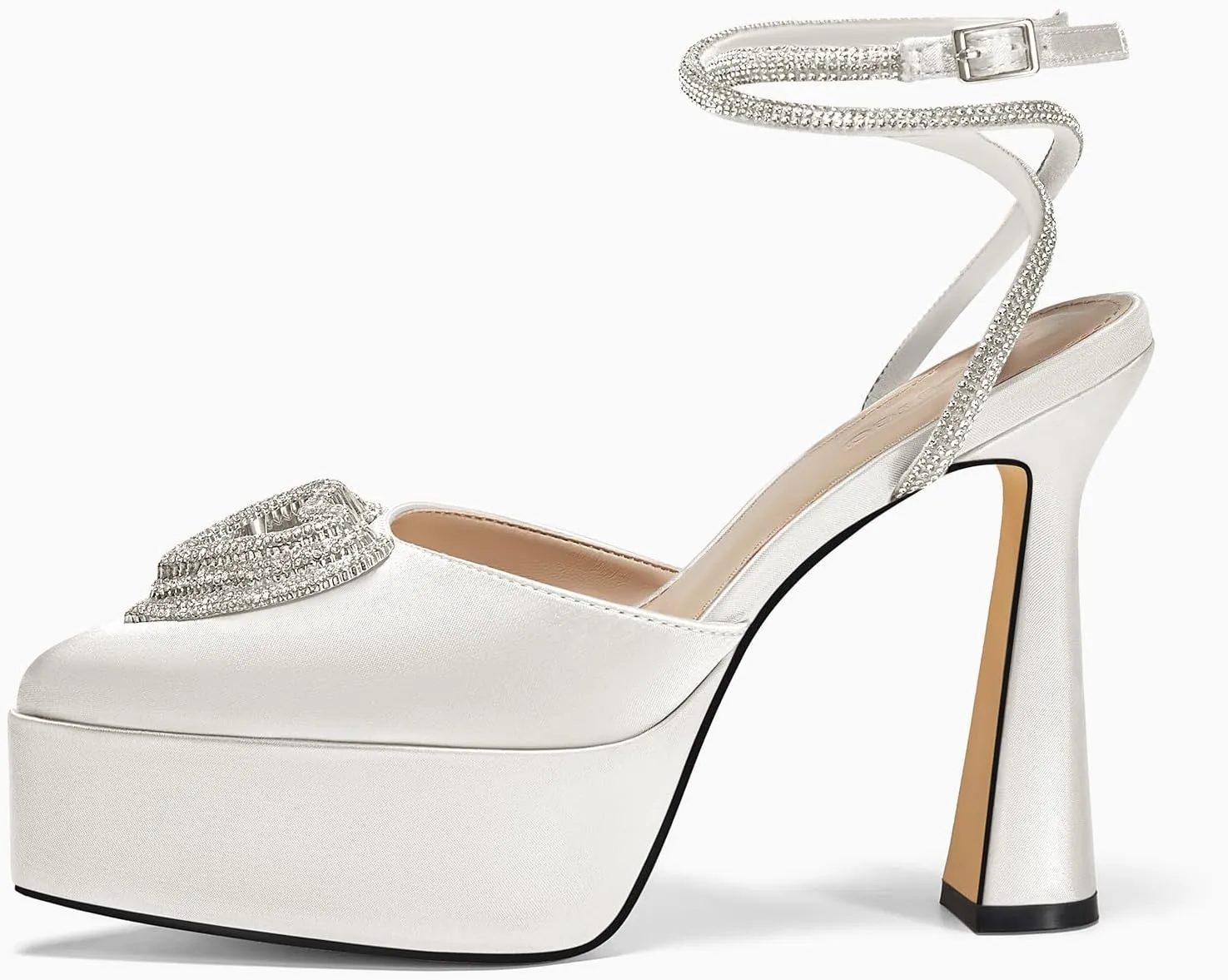 Coutgo Womens Platform High Chunky Heels Rhinestone Triple Heart Pointed Toe Ankle Strap Party Wedding Dress Pumps Shoes