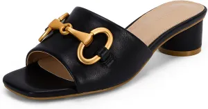 Coutgo Women's Slide Sandals Square Open Toe Slip on Comfortable Mules Block Low Heel Metal Chain Dressy Shoes