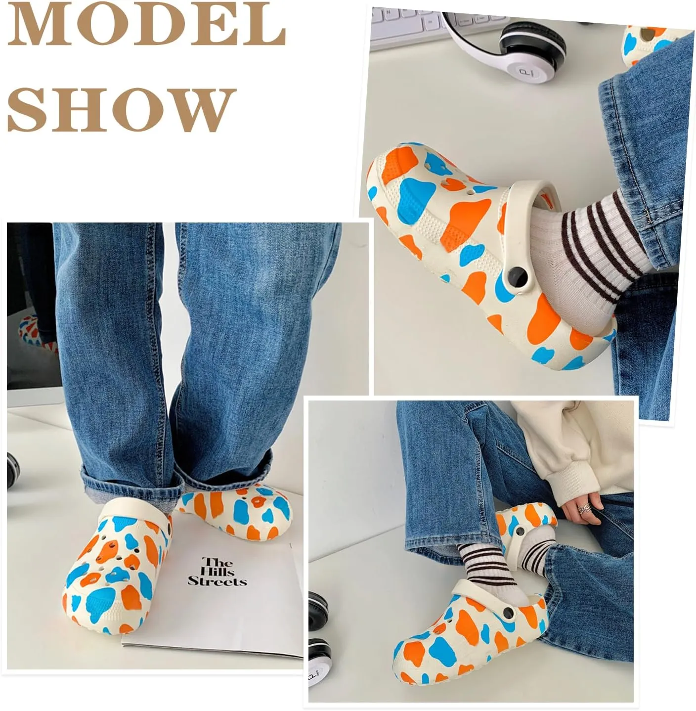Cow Clogs with Buckles and Socks Slippers Comfortable Slip On Water Beach Sandals Indoor Outdoor Shoe for Women's/Girls