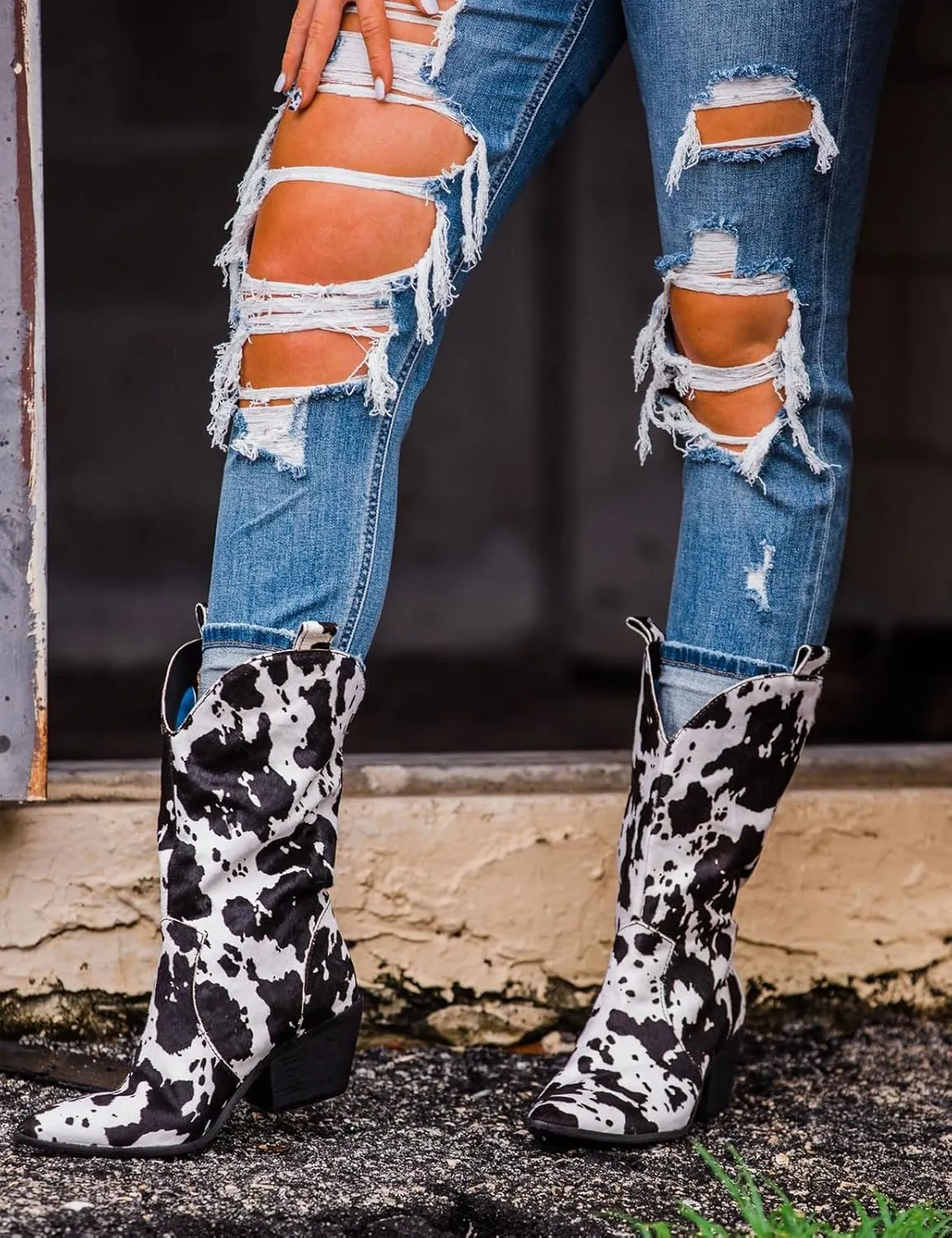 Cowboy Boots for Women Mid Calf Cowgirl Western Boots Cow Print Pointed Toe Chunky Heel Shoes US4-11