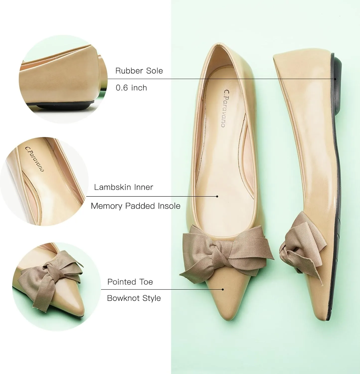 C.Paravano Pointy Bow Flats Women's Flats Comfortable Stylish Slip-On Shoes for Casual and Office