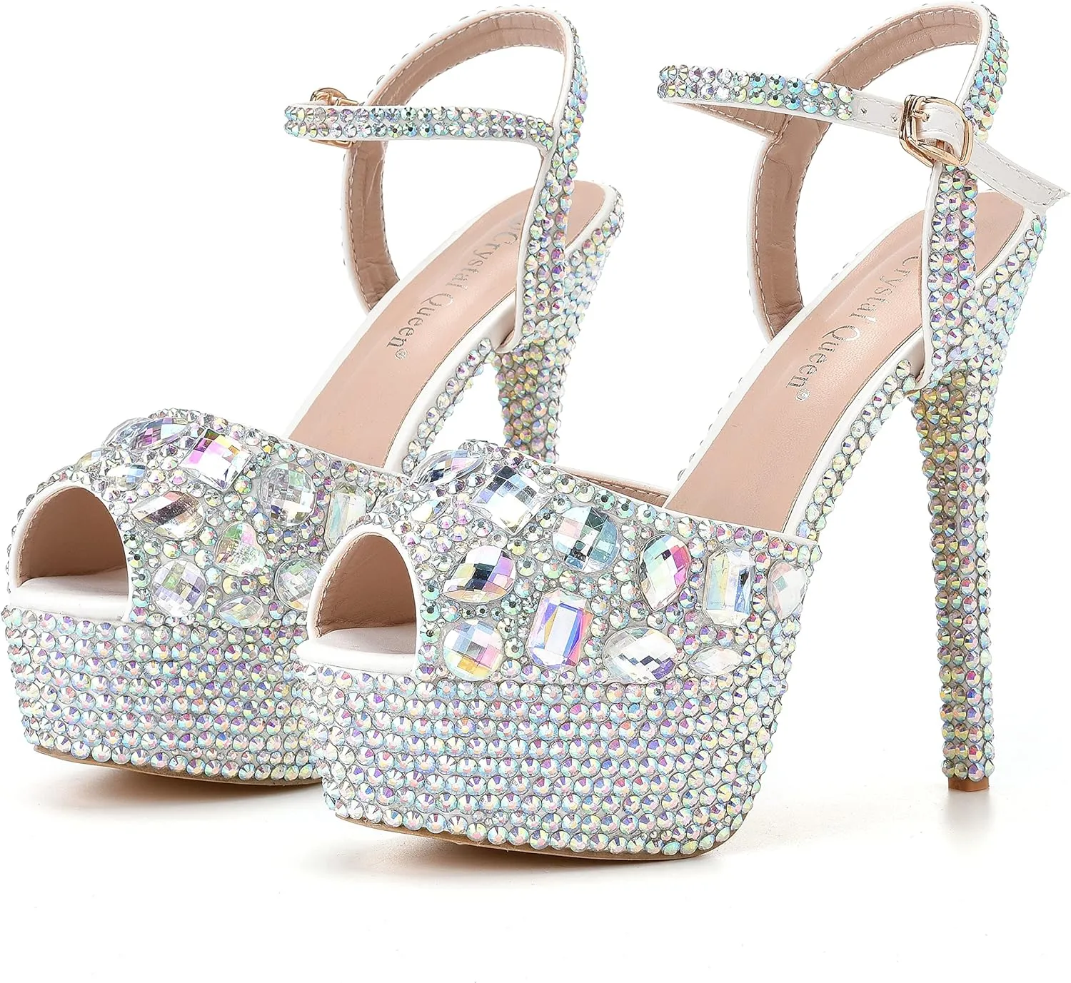 Crystal Queen 5.5 Inches Full Rhinestone High Heel Sandals Peep Toe Platform Stiletto Heels Sandals Multi Rhinestone Wedding Bride Party Evening Shoes Pumps