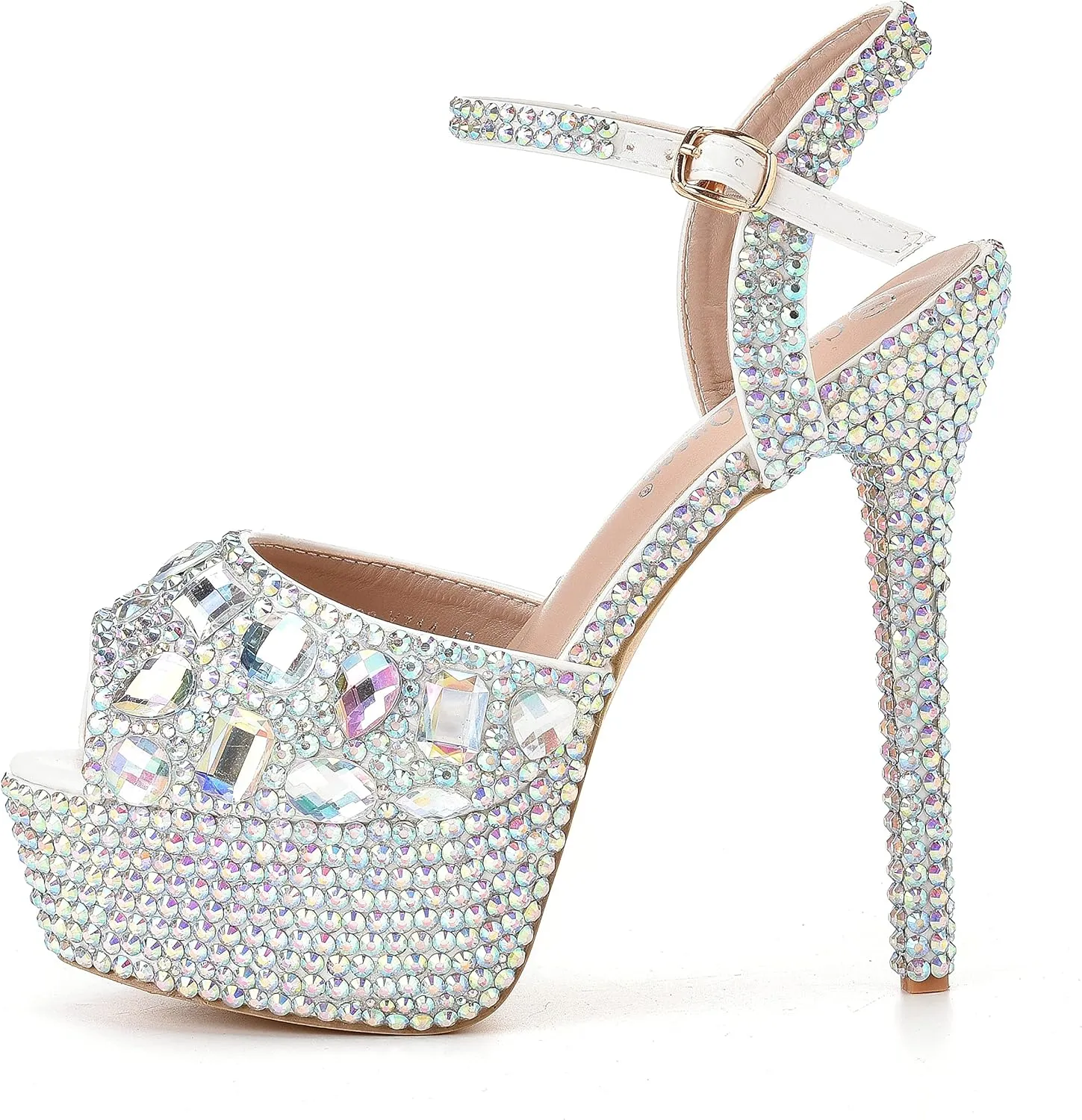 Crystal Queen 5.5 Inches Full Rhinestone High Heel Sandals Peep Toe Platform Stiletto Heels Sandals Multi Rhinestone Wedding Bride Party Evening Shoes Pumps