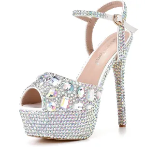 Crystal Queen 5.5 Inches Full Rhinestone High Heel Sandals Peep Toe Platform Stiletto Heels Sandals Multi Rhinestone Wedding Bride Party Evening Shoes Pumps