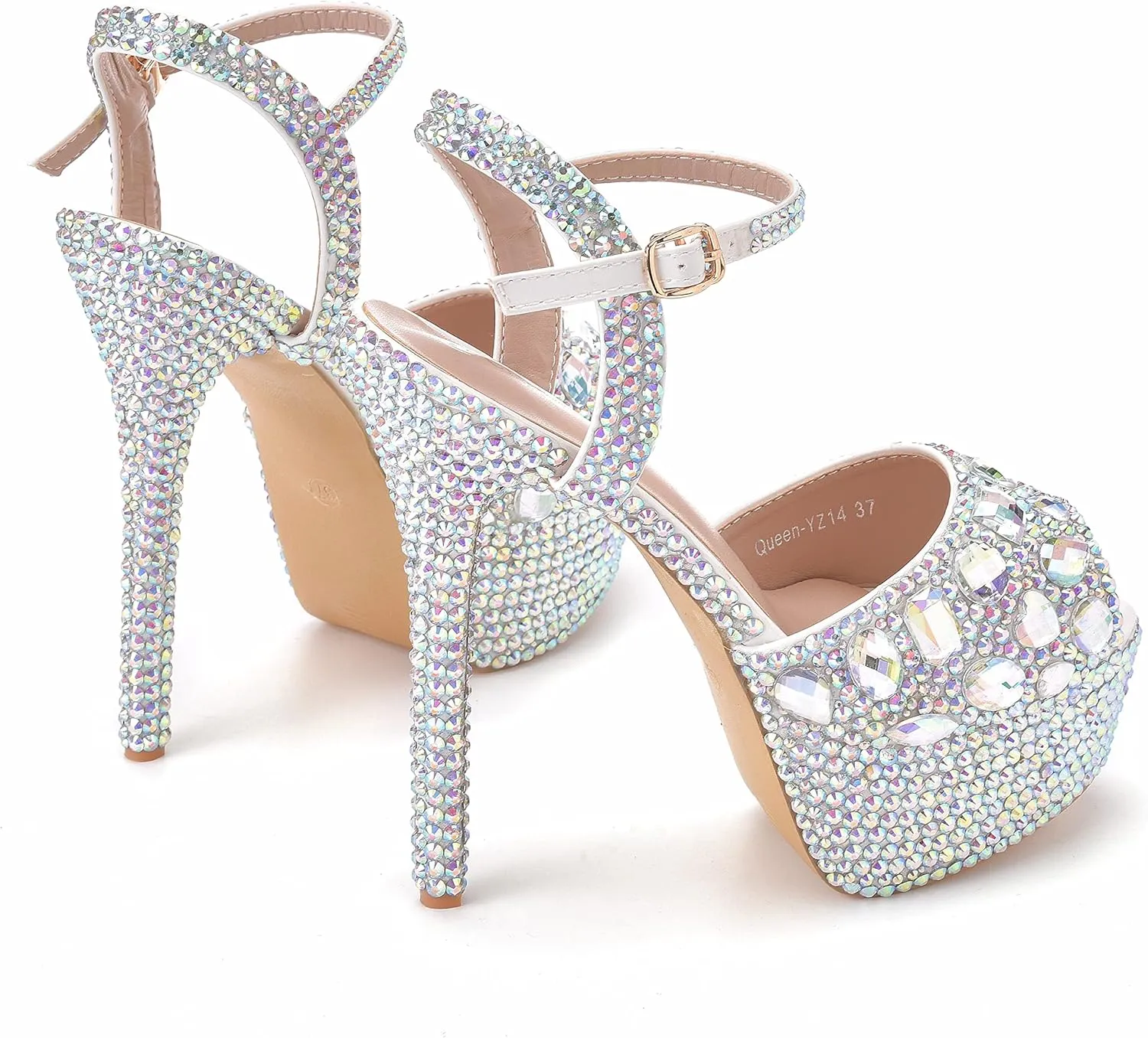Crystal Queen 5.5 Inches Full Rhinestone High Heel Sandals Peep Toe Platform Stiletto Heels Sandals Multi Rhinestone Wedding Bride Party Evening Shoes Pumps