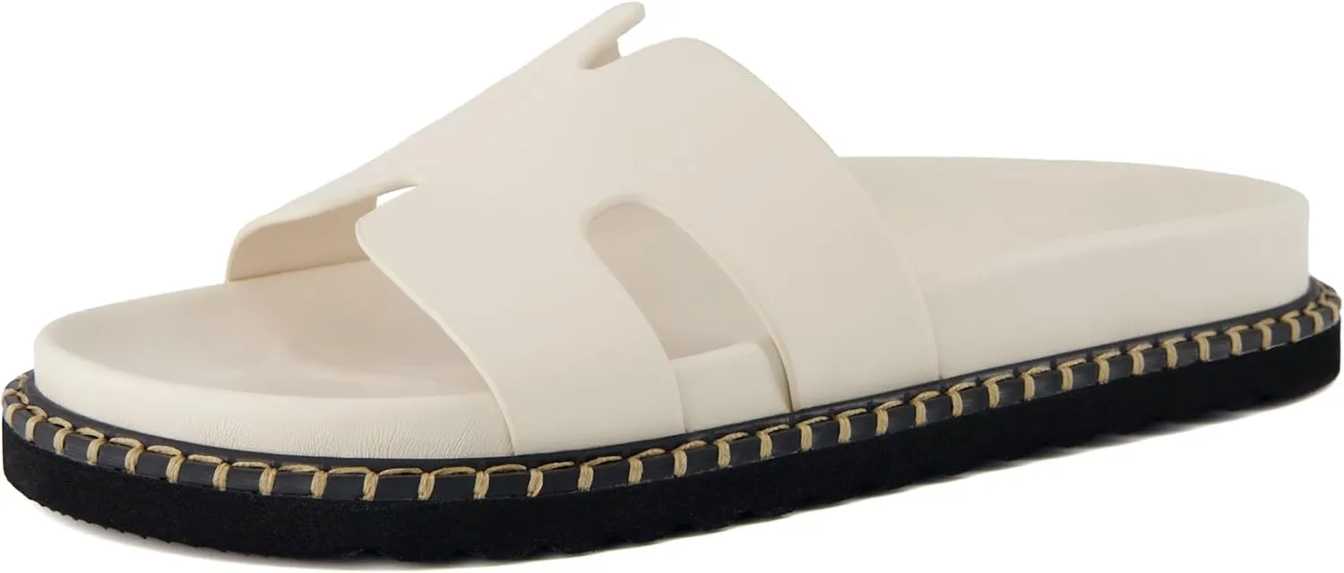 CUSHIONAIRE Crisp Women’s Slide Sandal – Faux Leather Cutout Slip-On with Artisan Stitching & Memory Foam, Wide Widths Available