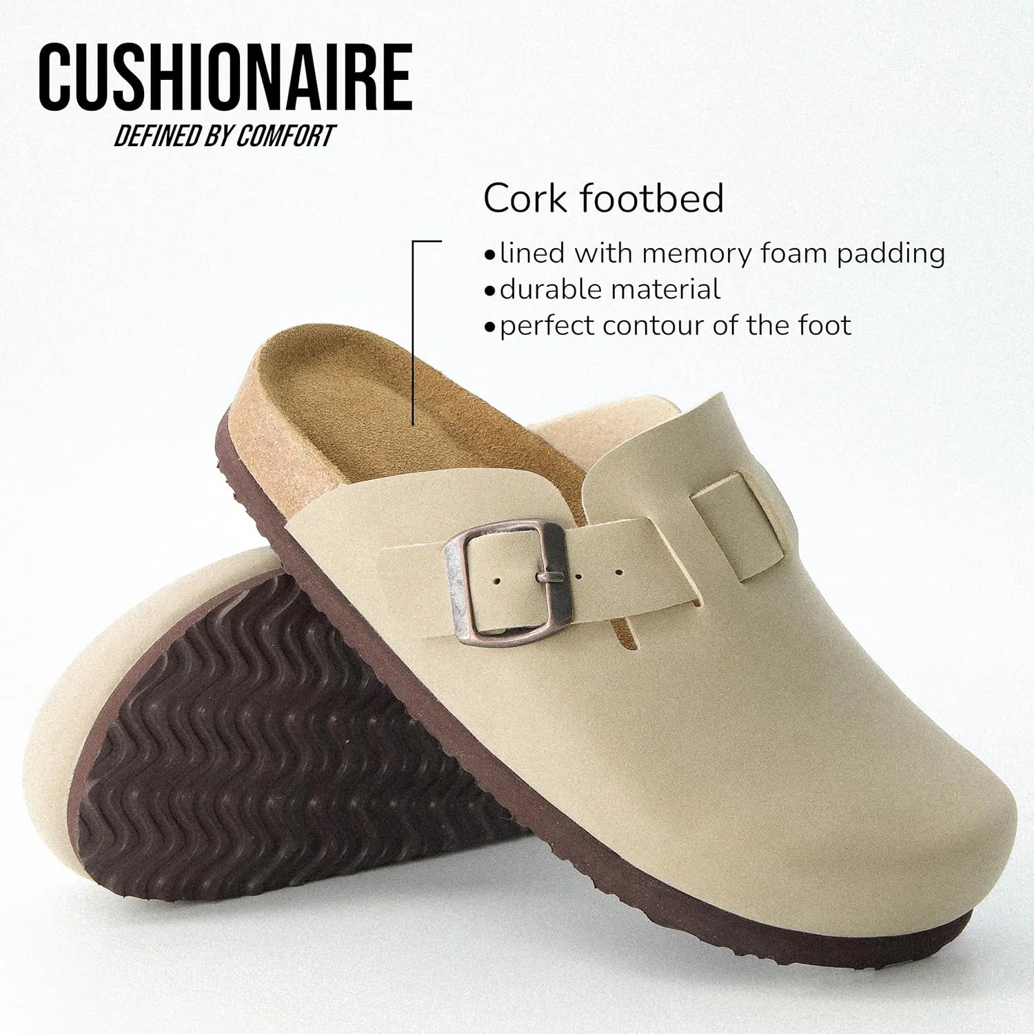 CUSHIONAIRE Hana Slip-On Buckle Clog with Cork Footbed  Memory Foam, Wide Widths Available