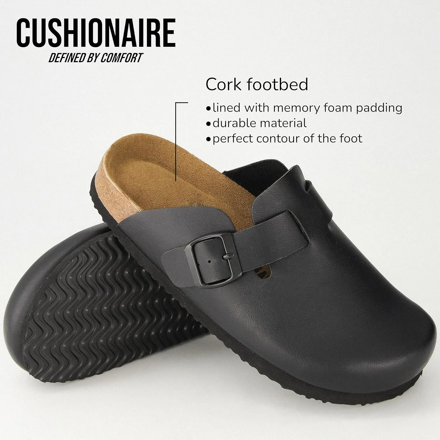 CUSHIONAIRE Hana Slip-On Buckle Clog with Cork Footbed  Memory Foam, Wide Widths Available