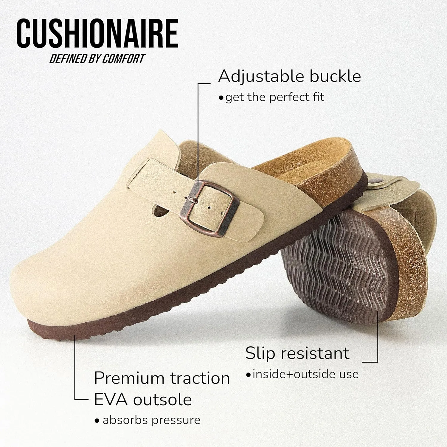 CUSHIONAIRE Hana Slip-On Buckle Clog with Cork Footbed  Memory Foam, Wide Widths Available