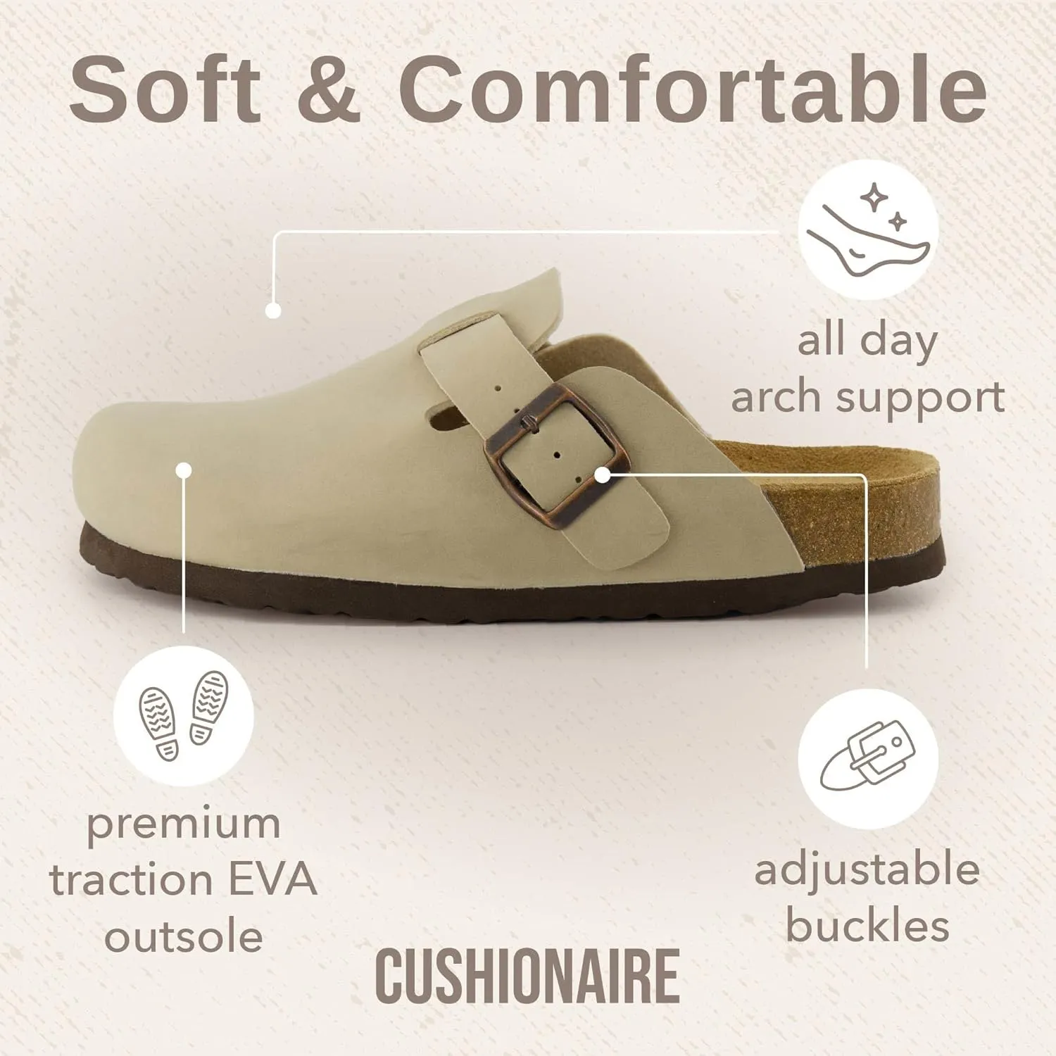 CUSHIONAIRE Hana Slip-On Buckle Clog with Cork Footbed  Memory Foam, Wide Widths Available