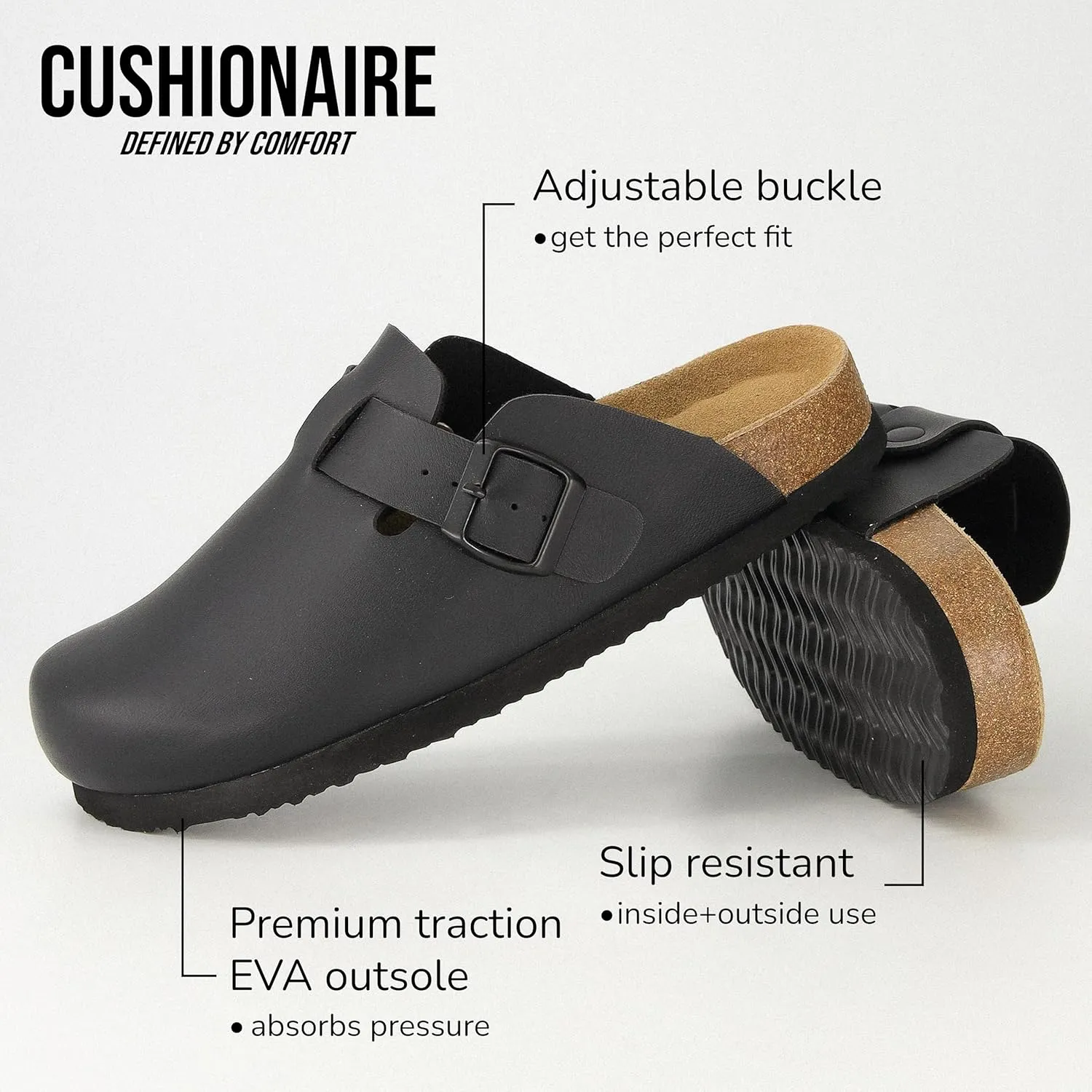 CUSHIONAIRE Hana Slip-On Buckle Clog with Cork Footbed  Memory Foam, Wide Widths Available
