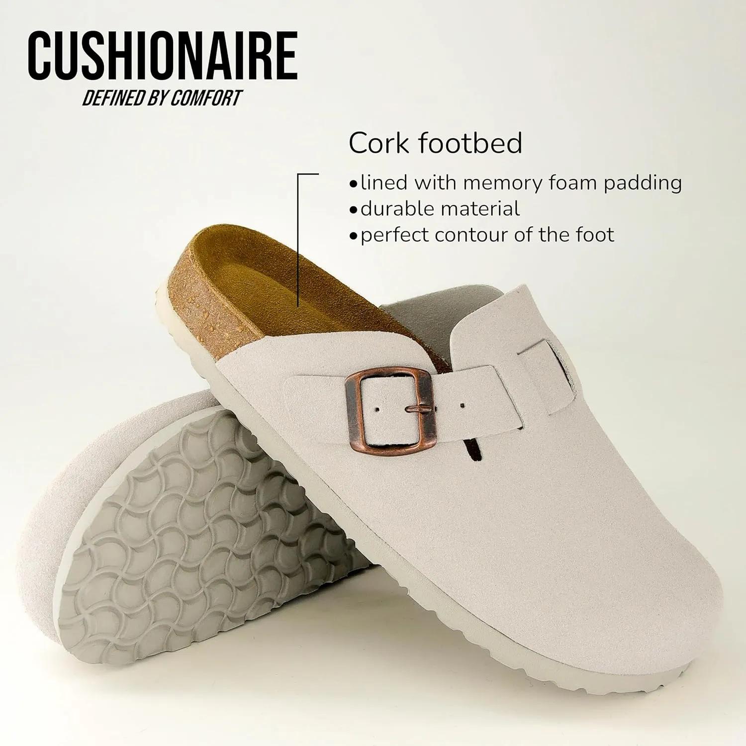 CUSHIONAIRE Hana Slip-On Buckle Clog with Cork Footbed  Memory Foam, Wide Widths Available