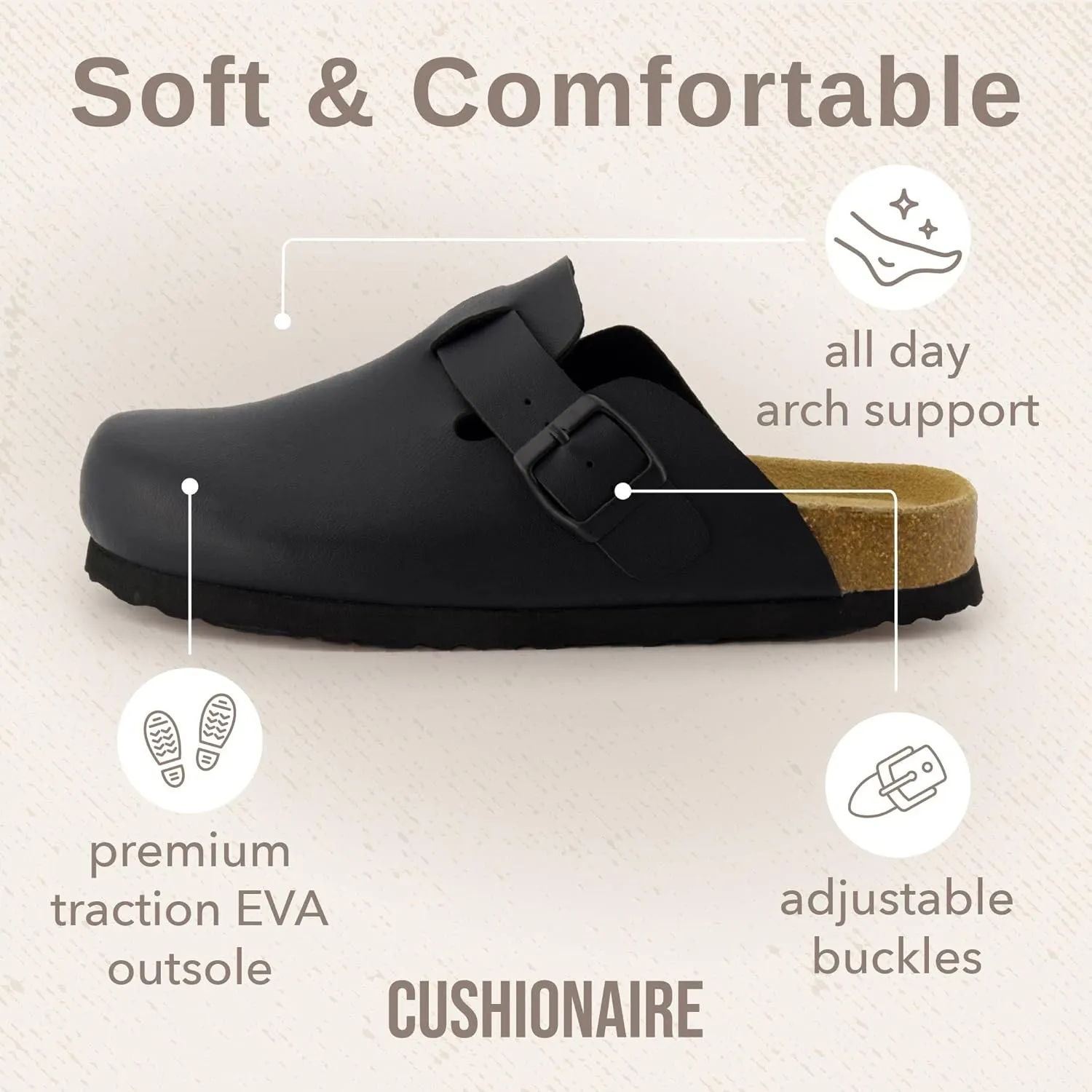 CUSHIONAIRE Hana Slip-On Buckle Clog with Cork Footbed  Memory Foam, Wide Widths Available