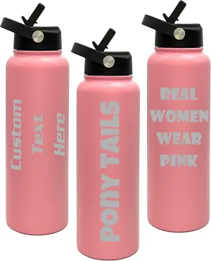 Customized Tumblers, Double Wall Personalized Bottles with Splash and Leak Proof Upgraded Slider Lid, Laser Engraved Text, Travel Gifts for Him or Her (40oz, Pink)
