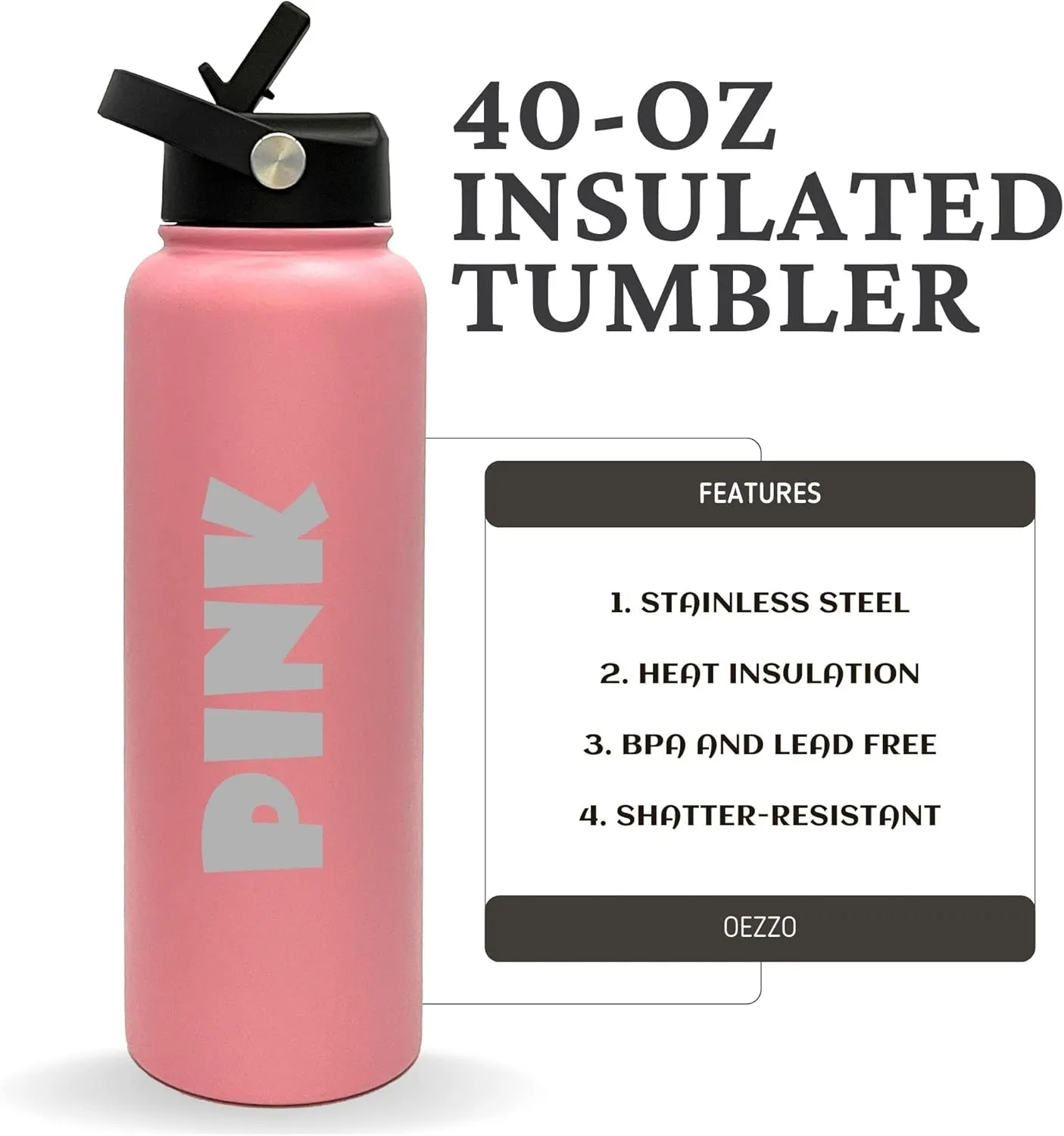Customized Tumblers, Double Wall Personalized Bottles with Splash and Leak Proof Upgraded Slider Lid, Laser Engraved Text, Travel Gifts for Him or Her (40oz, Pink)