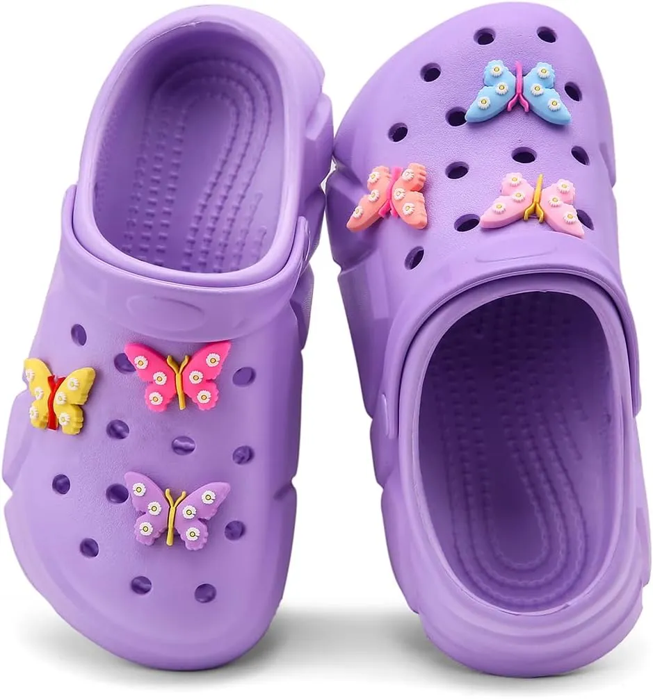 Cute Butterfly-Themed Lightweight Girls' Clogs, Platform Soft Sole Closed Toe EVA Home Garden Clog Shoes, Two-Way Wear Breathable Beach Clogs, Trendy Non-Slip Slip-On Sandals for Outdoor Indoor