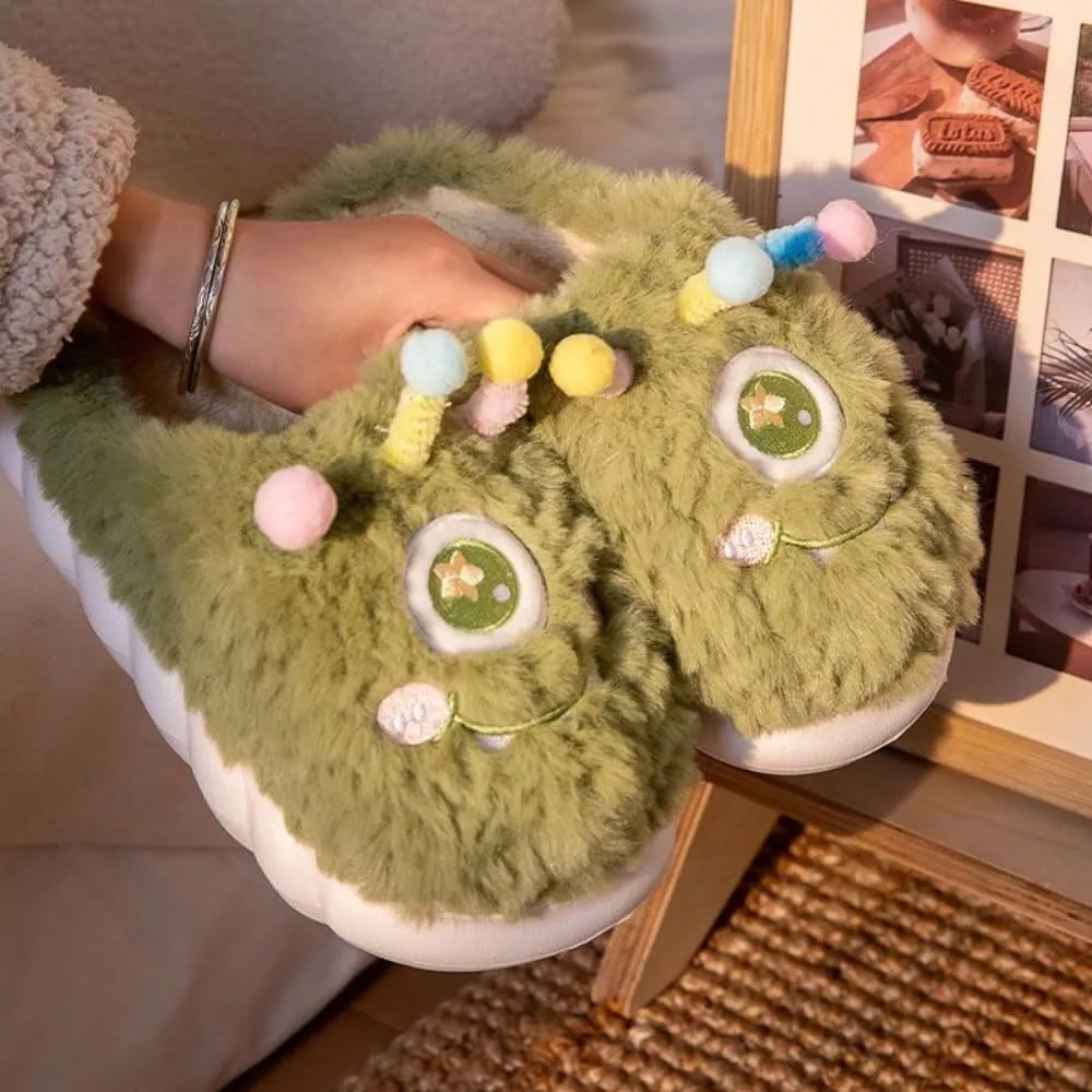 Cute Monster Fuzzy Women's Slippers Winter Fluffy Open Toe Slip On Plush Bedroom Shoes Indoor