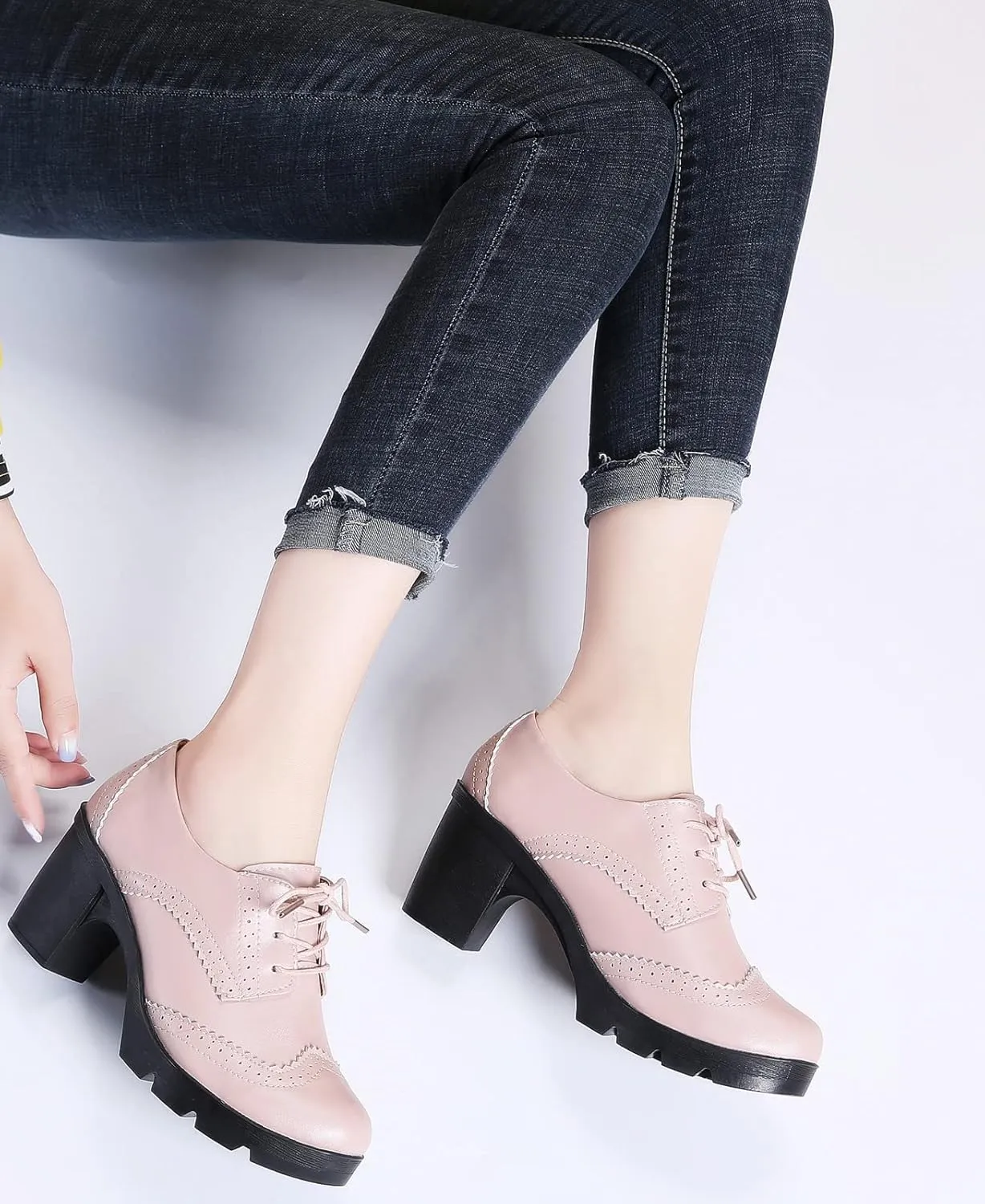 DADAWEN Women's Classic T-Strap Platform Mid-Heel Square Toe Oxfords Dress Shoes