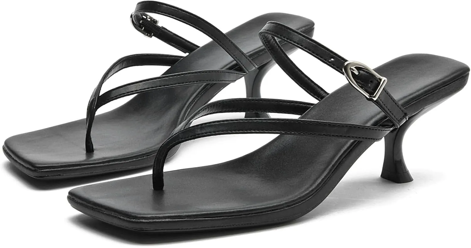 DADAWEN Women's Kitten Heels Thong Sandals Square Open Toe Buckle Slip On Flip Flops Heels Sexy Fashion Summer Dressy Wedding Party Pumps Heeled Sandals