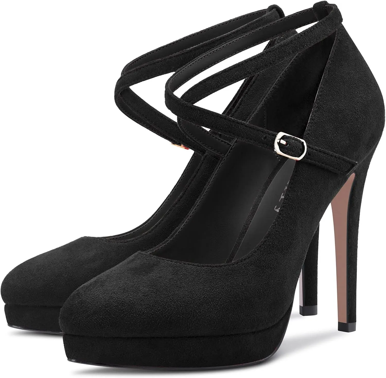 DearOnly Womens Platform Heel Pumps Closed Toe Ankle Strap Stiletto High Heel Suede Bridal Wedding Dress Shoes 5 Inch