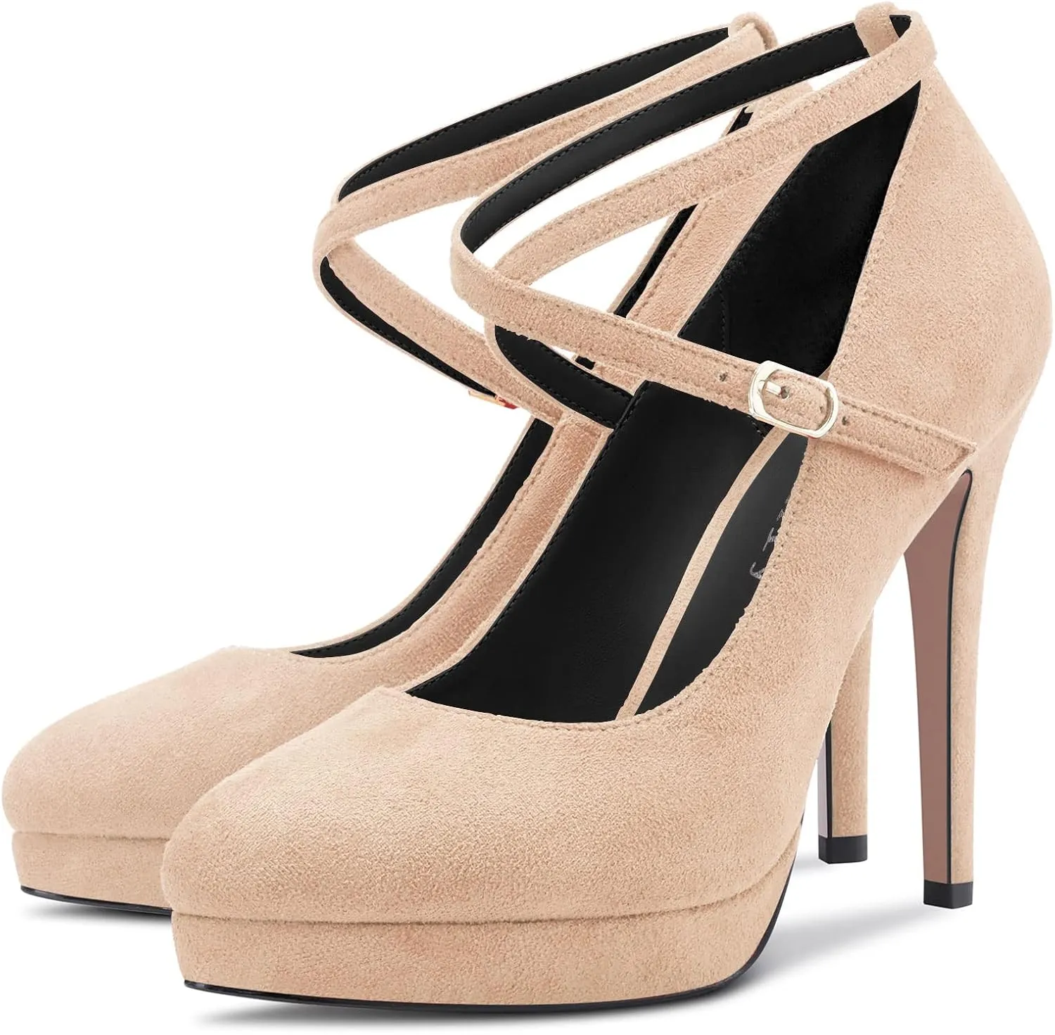 DearOnly Womens Platform Heel Pumps Closed Toe Ankle Strap Stiletto High Heel Suede Bridal Wedding Dress Shoes 5 Inch