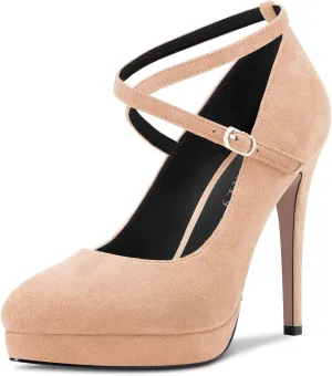 DearOnly Womens Platform Heel Pumps Closed Toe Ankle Strap Stiletto High Heel Suede Bridal Wedding Dress Shoes 5 Inch