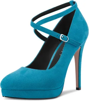 DearOnly Womens Platform Heel Pumps Closed Toe Ankle Strap Stiletto High Heel Suede Bridal Wedding Dress Shoes 5 Inch