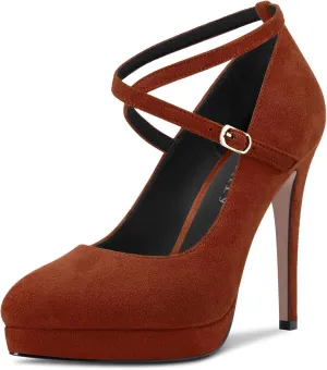 DearOnly Womens Platform Heel Pumps Closed Toe Ankle Strap Stiletto High Heel Suede Bridal Wedding Dress Shoes 5 Inch