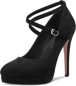 DearOnly Womens Platform Heel Pumps Closed Toe Ankle Strap Stiletto High Heel Suede Bridal Wedding Dress Shoes 5 Inch